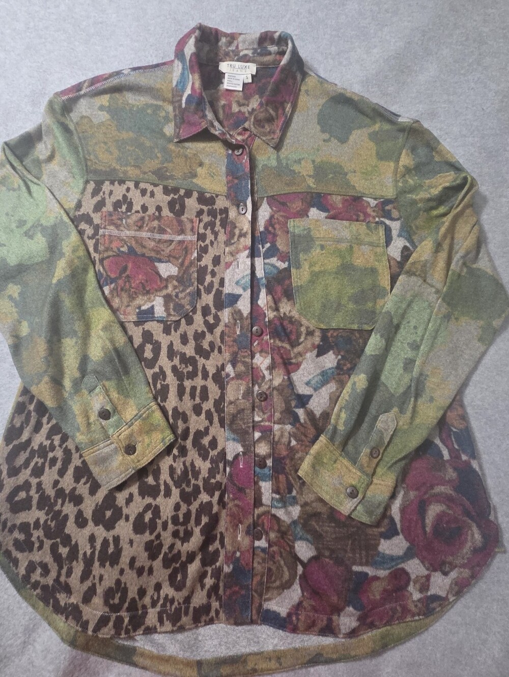 Tru Luxe Jeans Mixed-Print Button-Down Camo-Animal-Floral Print Sz S